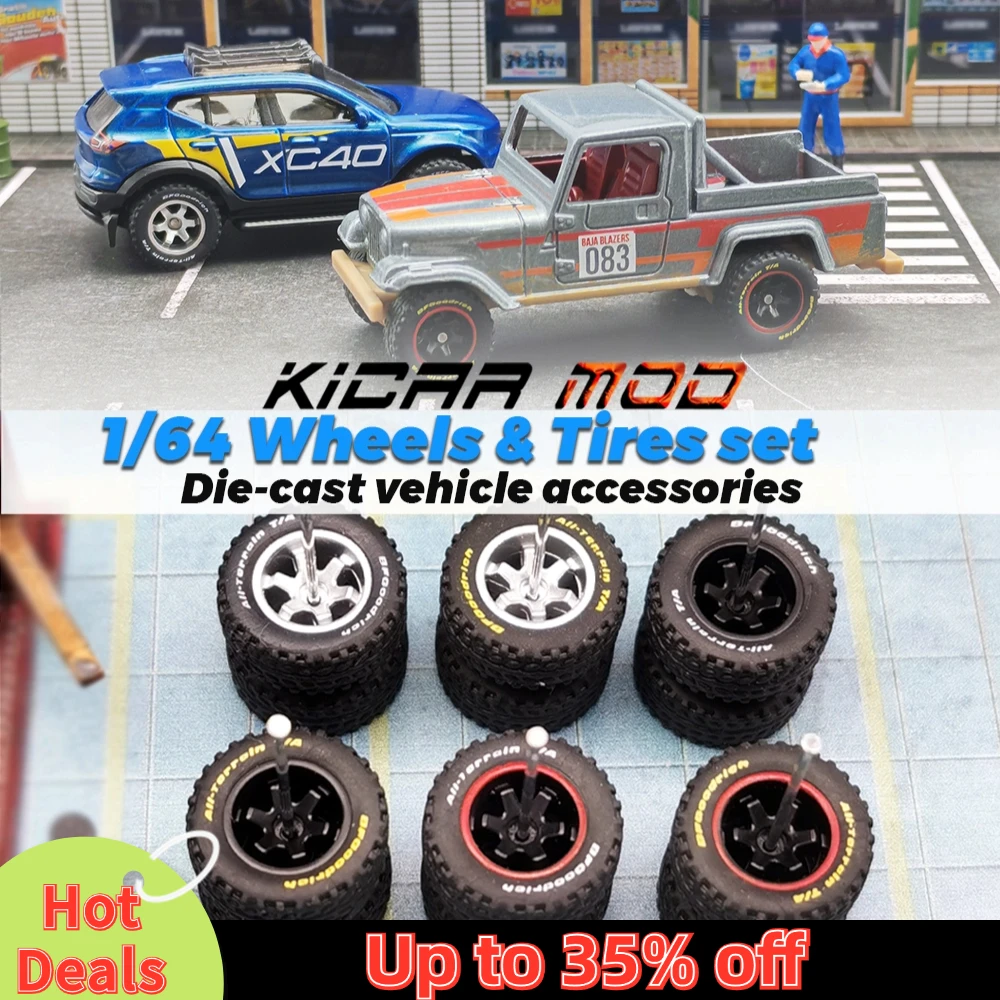 Neumáticos de goma de 14 mm (1/64) con letras y rines de coche de fundición a presión para vehículos todoterreno a escala 1:64, dedicados a camionetas pickup y sedanes grandes (1 juego)