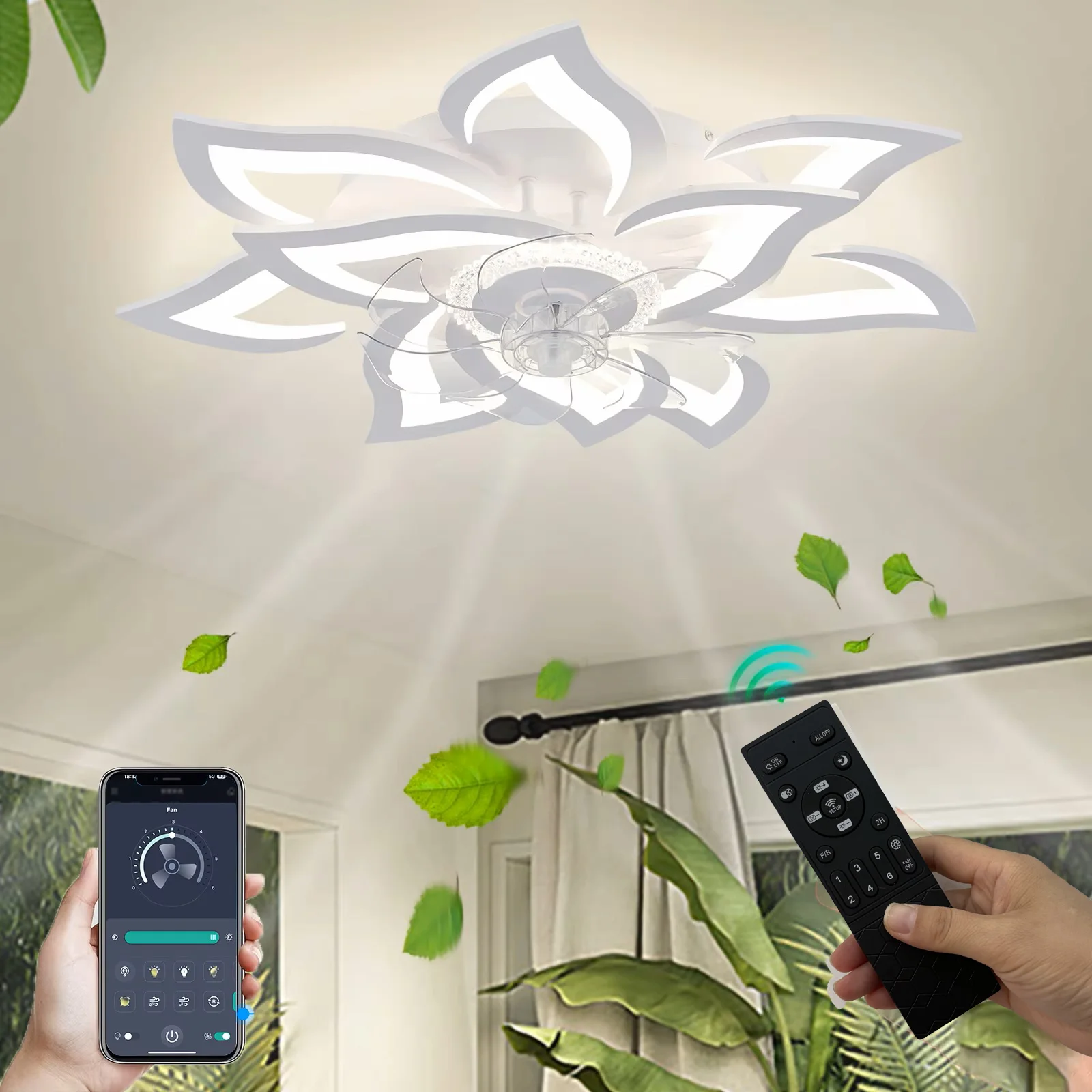 Ventilador de Techo con Iluminación, Ventilador Moderno sin Aspas con Forma de Flor, Regulable, Control Remoto/App, Temporizador, 6 Velocidades, Lámpara de Techo