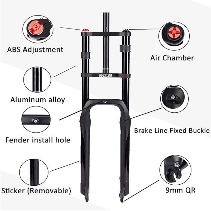 BUCKLOS MTB horquilla 20 26 pulgadas Fatbike horquilla doble hombro bicicleta de montaña suspensión neumático ancho bicicleta horquilla de aire para nieve playa bicicleta