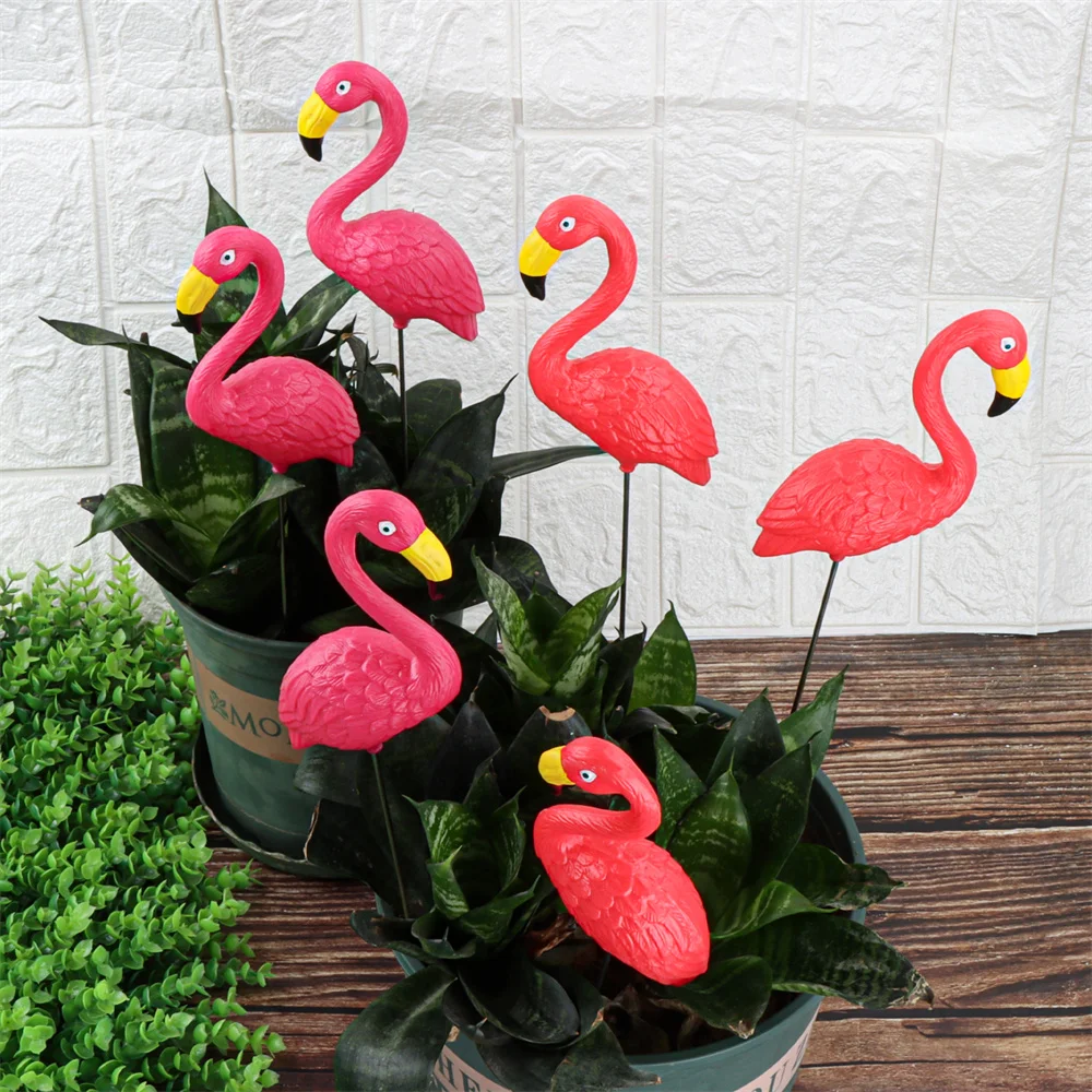 Mini rosa rojo pequeño flamenco de plástico decoración de patio pájaro césped jardín estaca estatua figuritas ornamento maceta