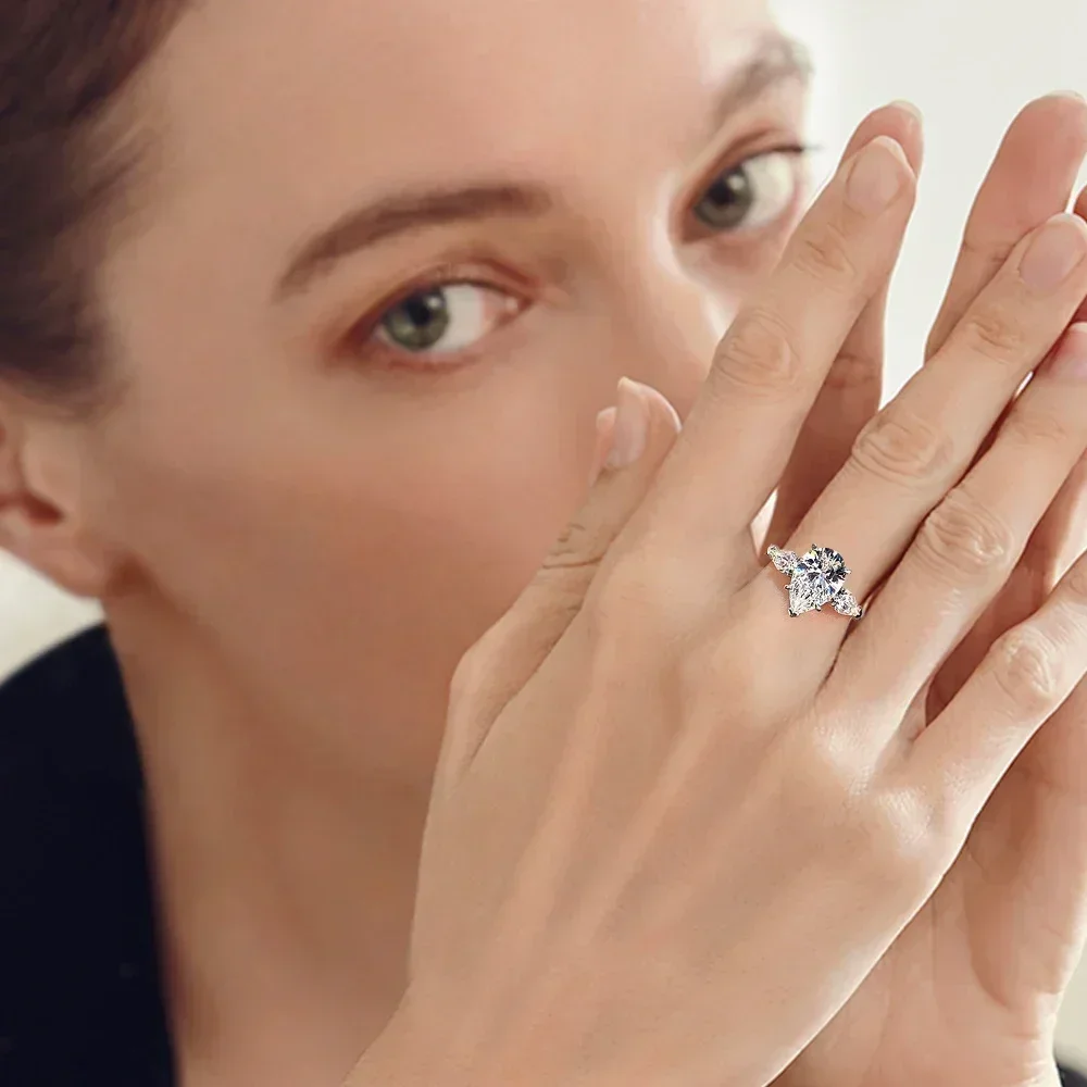 Anillos de compromiso de diamante moissanita con corte de pera de 1/2/3/6 quilates para mujer, anillo de boda con forma de gota de agua de 3 piedras de Plata de Ley 925