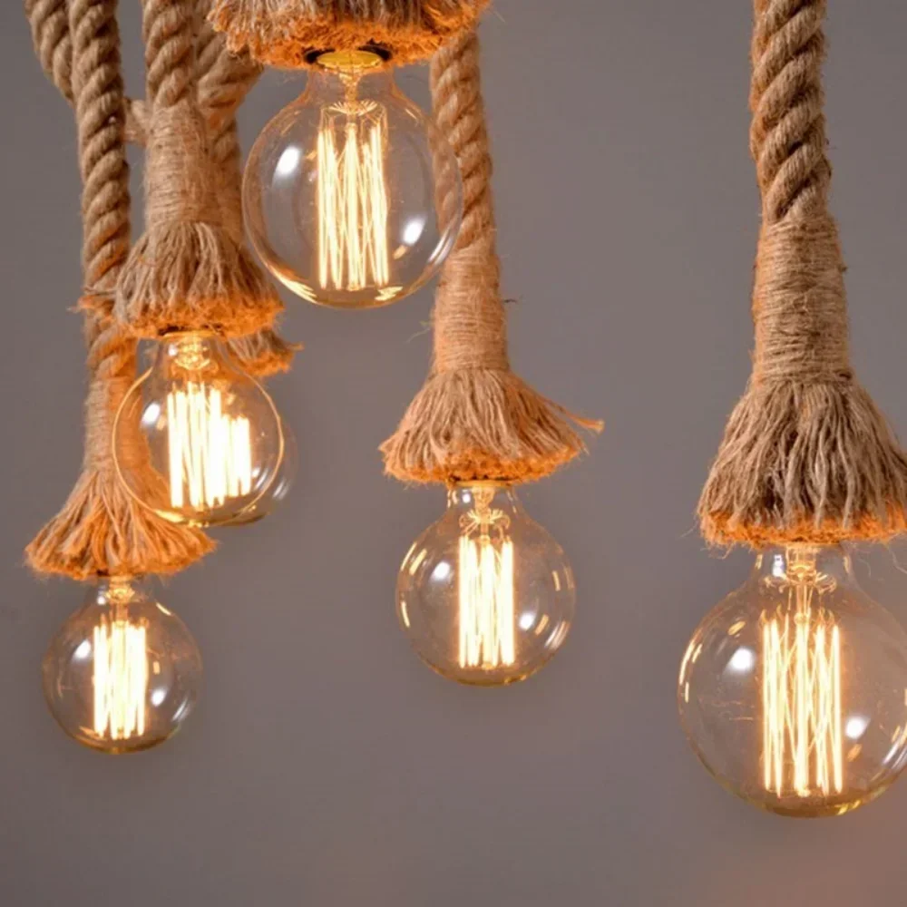 Luces colgantes de cuerda de cáñamo Vintage Industrial E27, iluminación interior con personalidad de ático para Loft/sala de estar/Candelabro colgante de Bar