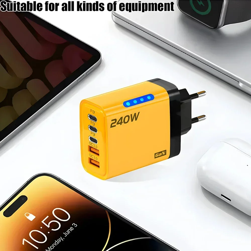 Cargador USB PD de 5 puertos, cargadores de teléfono de carga rápida tipo C de 240W, adaptador de carga rápida USB para iPhone 16, Samsung, Xiaomi, Huawei