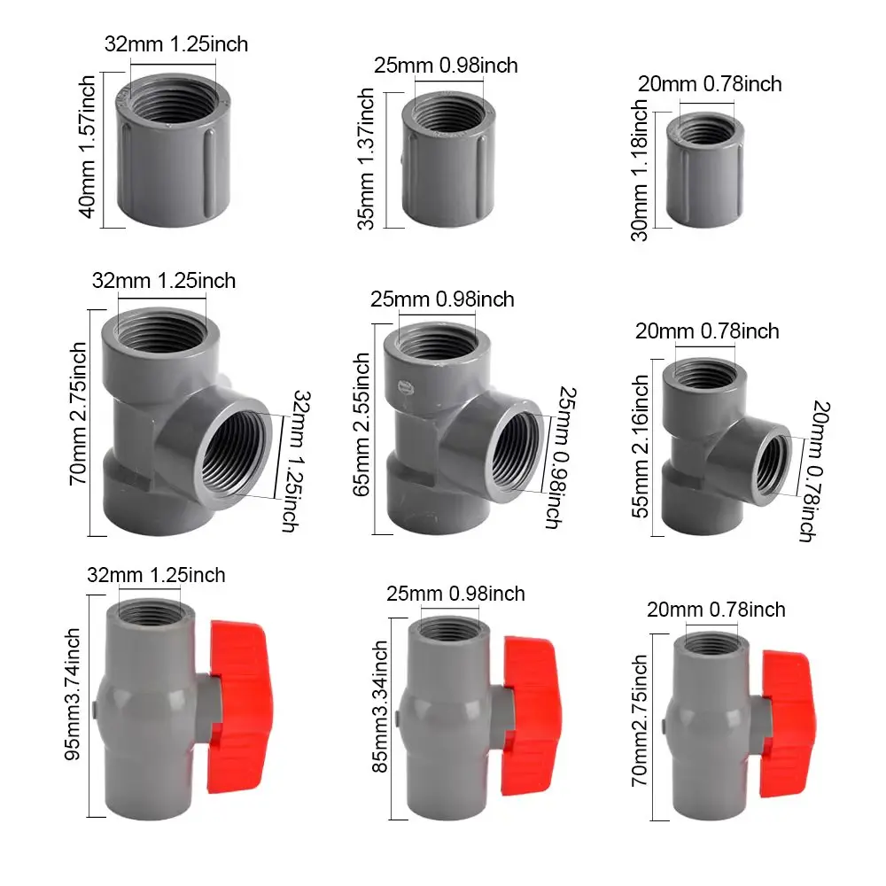 Conector de rosca hembra de PVC 1/2 3/4 1, 20/25/32mm, codo recto, adaptador de 3 vías para tubería de acuario de riego de jardín