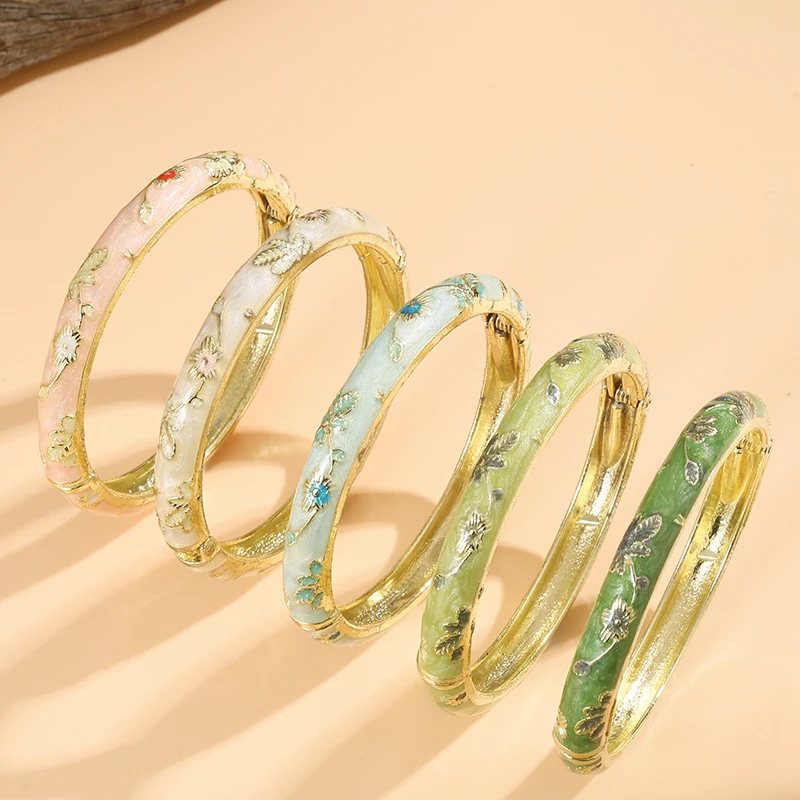 FTCY, 5 uds., brazaletes de esmalte cloisonné con flores pequeñas y finas para mujer, pulsera bohemia Vintage con gotas de aceite, regalos de joyería elegantes