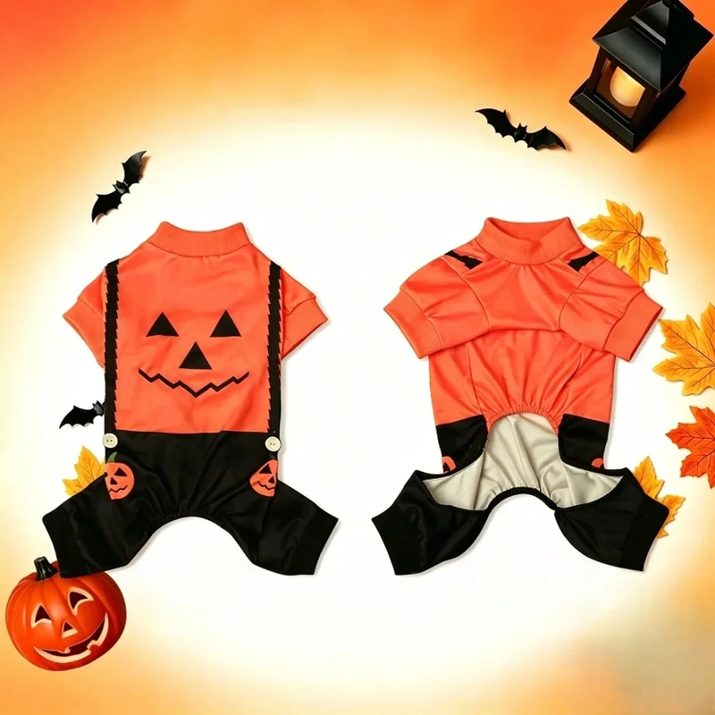 Pijama de Halloween para Perro, Disfraz de Calabaza Jack-O'-Lantern, Mono de 4 Patas para Cachorros, Ropa Festiva para Perros y Gatos Pequeños y Medianos