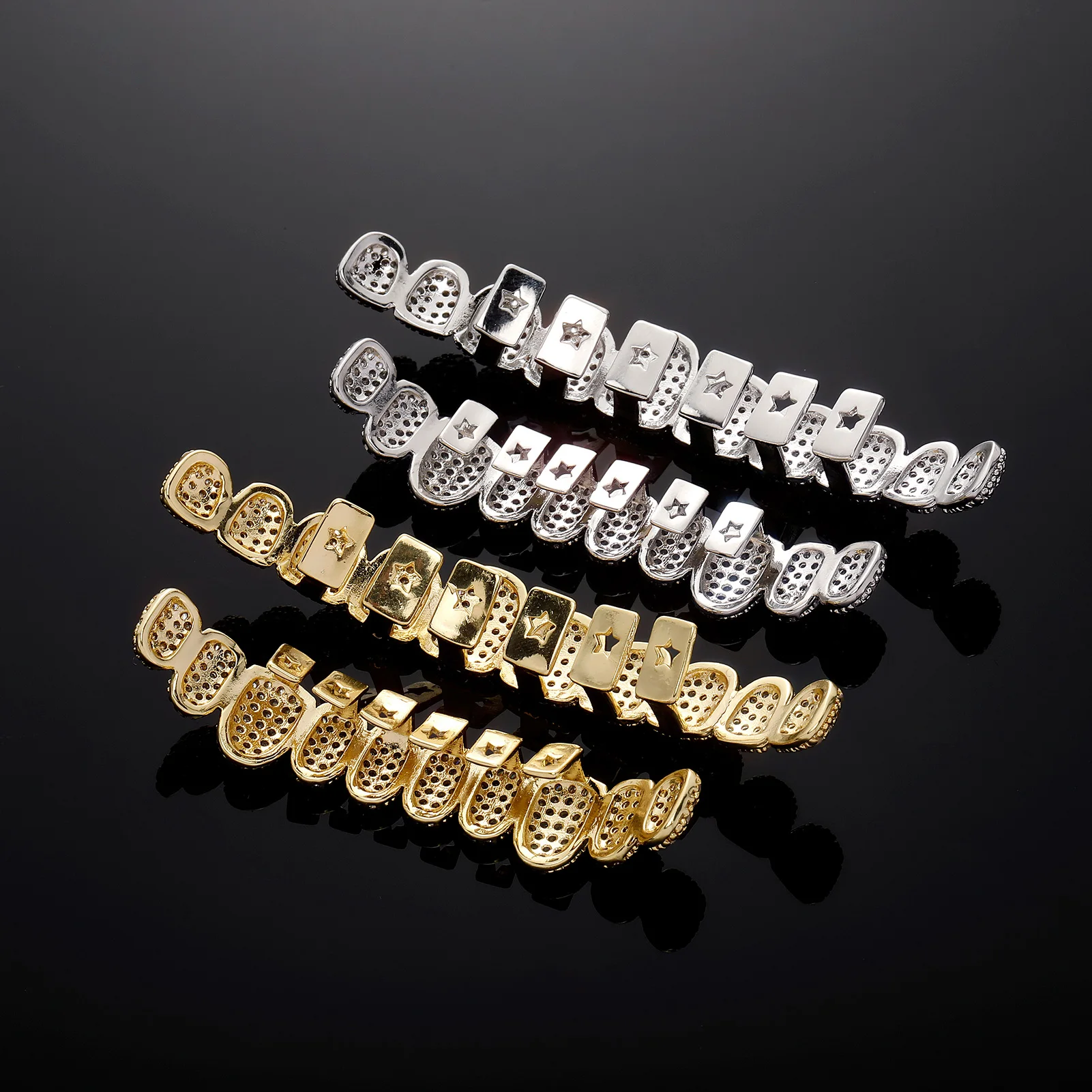 TOPGRILLZ Iced Out 10 parte superior y 10 parte inferior 5A CZ piedras dientes Grillz Punk rapero 14K chapado en oro tapas de dientes de circón para joyería bucal