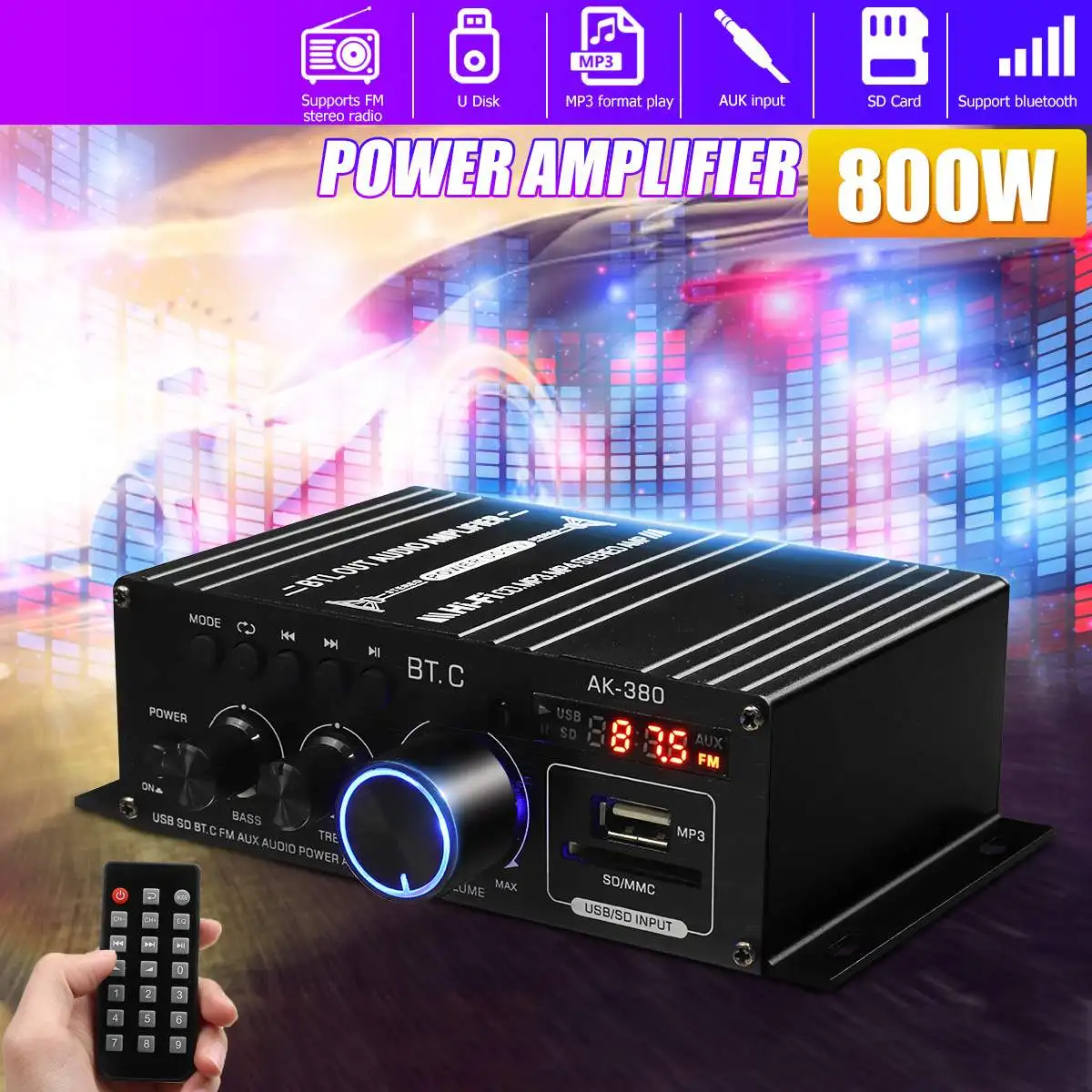 AK35 AK380 800W amplificadores de potencia para el hogar 2 canales Bluetooth 5,0 sonido envolvente FM USB Control remoto Mini amplificador Digital HIFI