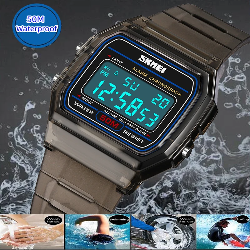 Skmei-relojes digitales para mujer, correa de TPU transparente, Led, resistente al agua, reloj de pulsera deportivo para natación, reloj despertador femenino