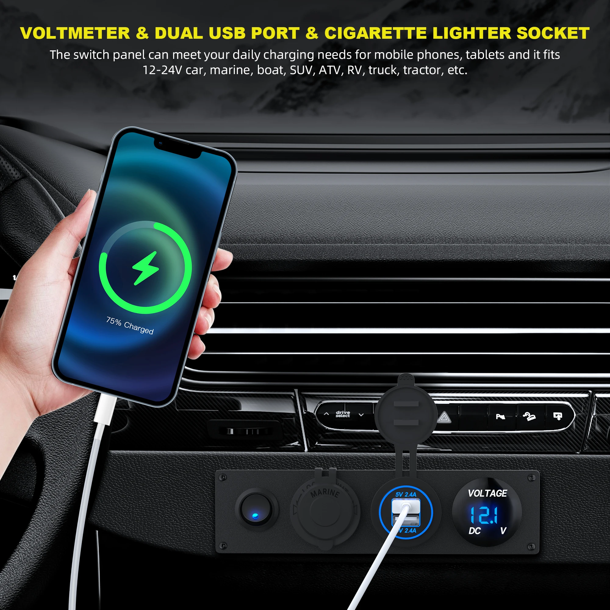 DaierTek Panel de enchufe de cargador de encendido/apagado 4 en 1, toma de corriente USB Dual, voltímetro LED, enchufe de encendedor de cigarrillos y interruptor LED