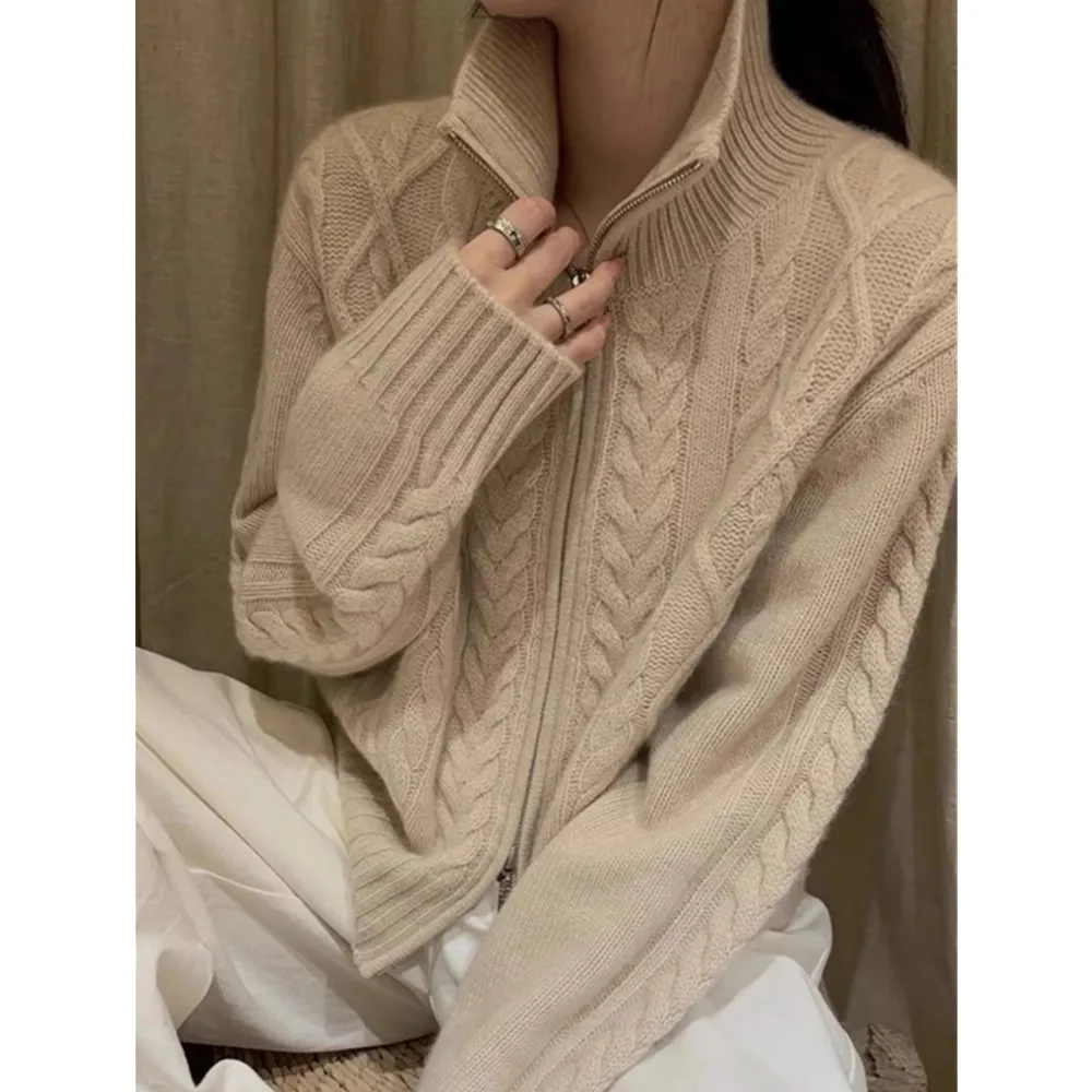 Cárdigan 100% de Cachemira para mujer, suéter suelto y suave de cuello alto para otoño e invierno, suéter tejido de lana, abrigo grueso