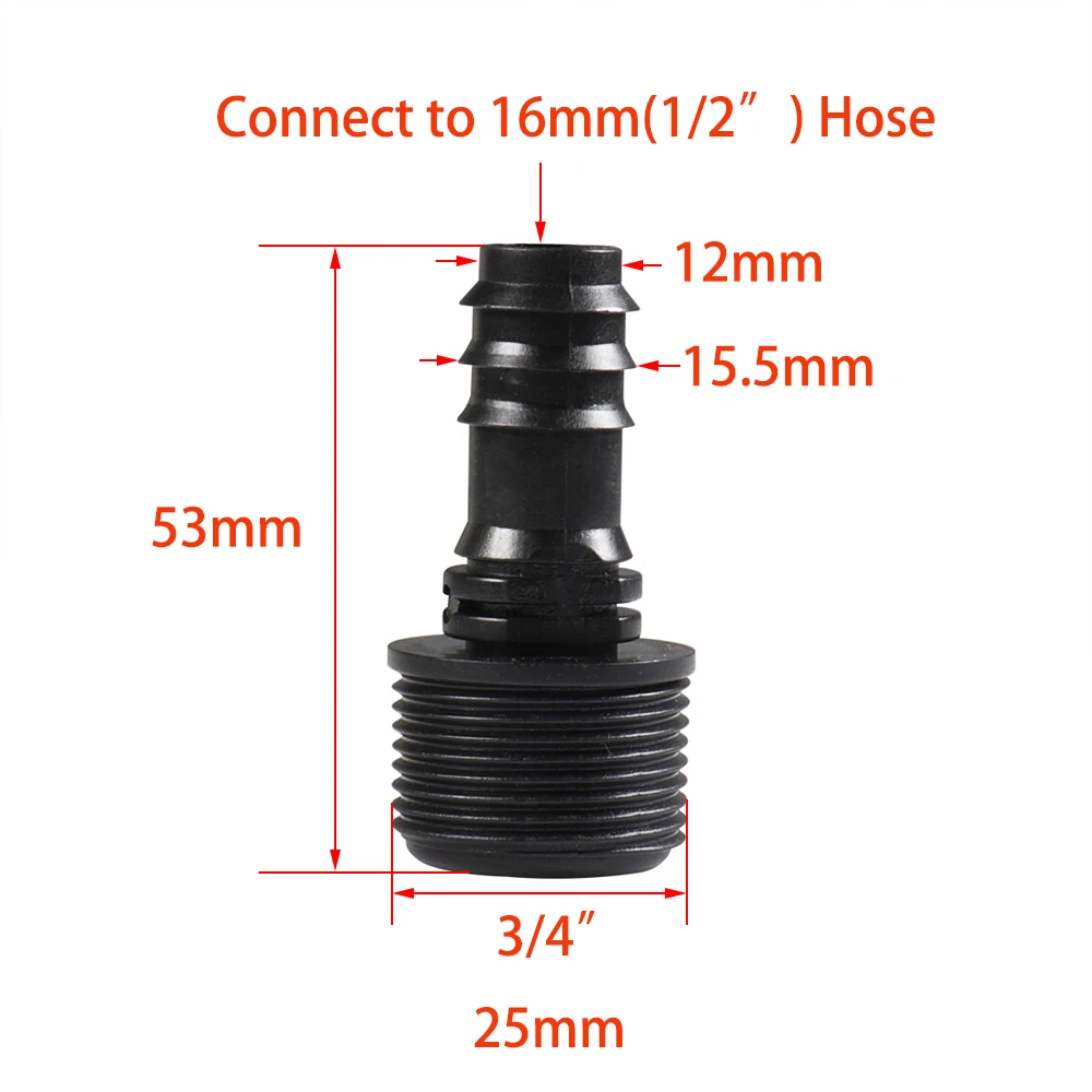 Rosca macho hembra de 1/2 3/4 a conector de lengüeta para manguera de jardín de 1/2 3/4 y 1 pulgada, accesorio de manguera de plástico de 16mm, 20mm y 25mm, accesorios para tuberías de riego