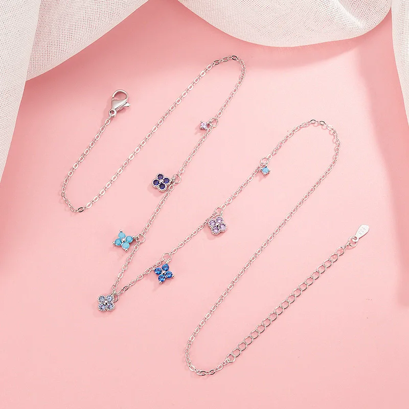 Pulsera y Tobillera de Plata de Ley 925 con Trébol de Cuatro Hojas Multicolor y Diamantes Brillantes para Mujer, Accesorios de Collar, Regalo