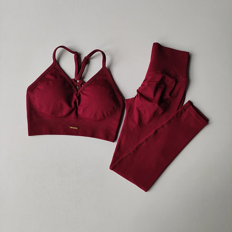 Conjunto de Fitness para levantamiento de cadera sin costuras, sujetador con cuello en V para mujer, mallas, conjunto de Yoga, ejercicio de secado rápido, masaje de hierro, pantalones ajustados de alta grasa