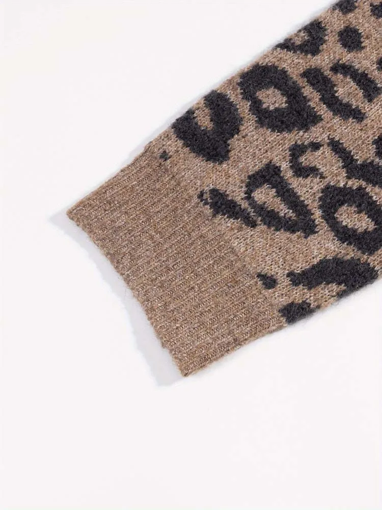 Suéter Cárdigan Casual para Mujer con Cuello en V, Estampado de Leopardo, Manga Larga y Botones, Moderno y Versátil, Rejuvenecedor y Retro