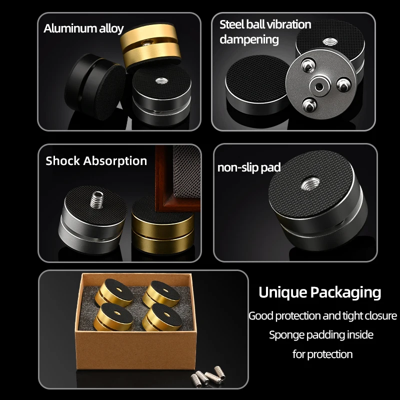 Altavoz HiFi con absorción de impacto, punta de aleación de aluminio, bola de acero, amortiguador antigolpes, soporte para pies, 4 Uds.