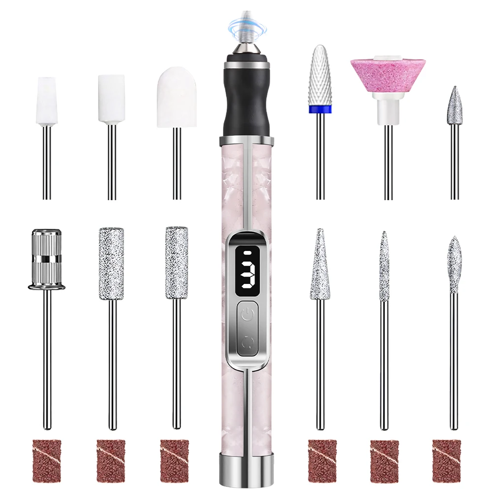 Lima de taladro de uñas eléctrica profesional, 3 modos, pantalla y 12 taladros, Kit de máquina pulidora de manicura y pedicura portátil