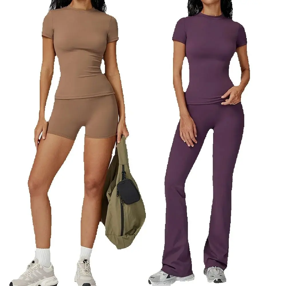 Conjunto de Yoga de 2 Piezas para Mujer, Traje Deportivo, Gimnasio, Fitness, Manga Corta, Sujetador Deportivo, Leggings de Cintura Alta, Ropa Deportiva, Ropa Atlética