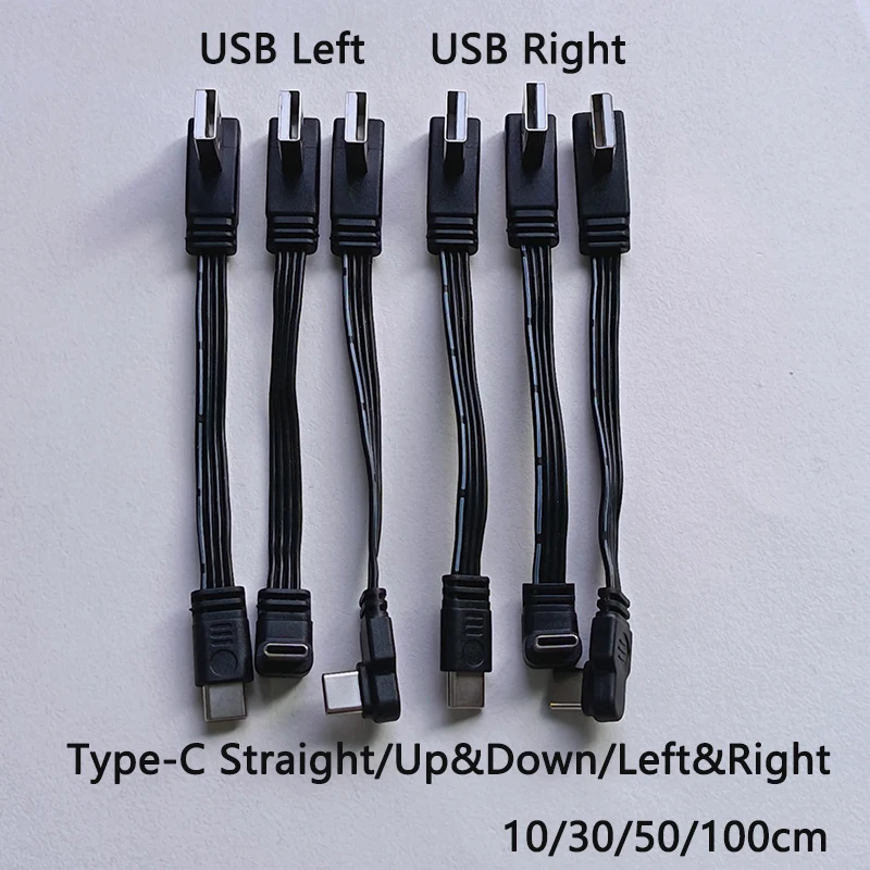 Cable de datos USB A a tipo C de carga rápida, recto/ascendente/descendente/izquierdo/derecho, cable plano de silicona suave de 10-100cm, 1 unidad