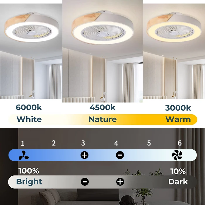 Ventiladores de techo inteligentes con luz para sala de estar, comedor, aspas reversibles, 6 velocidades, 52CM, iluminación de ventiladores de 110V/220V