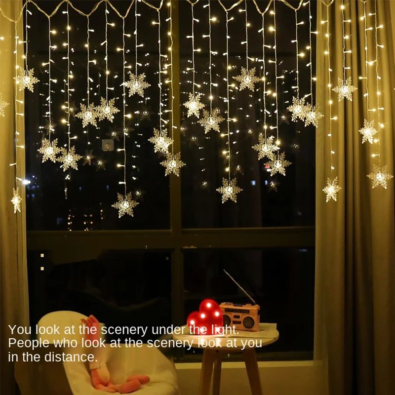 Guirnalda de luces LED con copos de nieve de Navidad, 3,2 M, luces de cortina de hadas intermitentes, impermeables para fiestas, bodas, decoración navideña