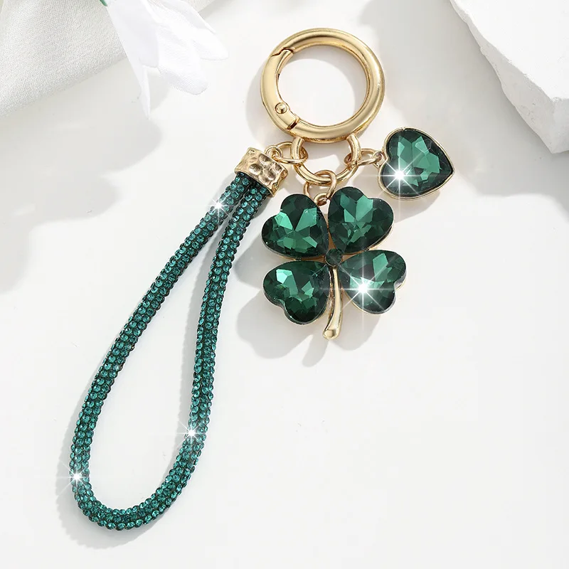 Llavero de Trébol de Cuatro Hojas para Mujer, Adorno de Bolso con Diamantes de Imitación y Correa de Muñeca, Anillo de la Suerte para Llaves de Coche, Accesorio de Bolso, Regalo