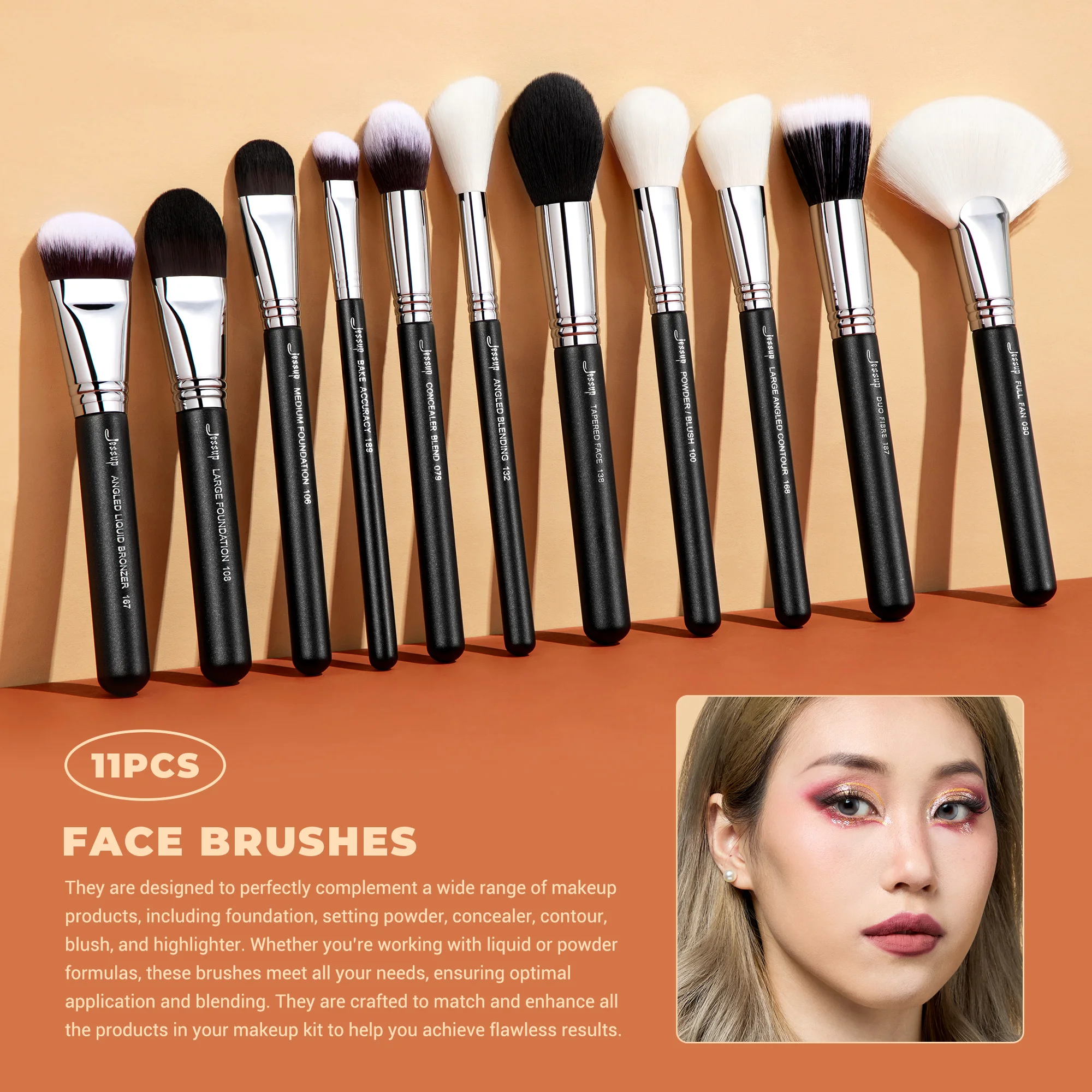 Jessup Juego de brochas de maquillaje Profesional 35 piezas Brocha de maquillaje con etiqueta sintética premium para base, sombra de ojos, corrector y contorno