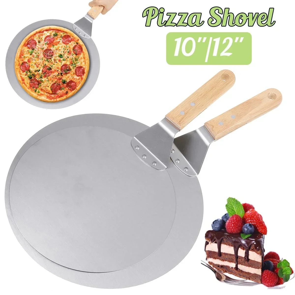 Pala para Pizza de 10/12 pulgadas, herramientas de pastelería, mango de madera de acero inoxidable, sartén redonda antiescaldado, utensilios para hornear