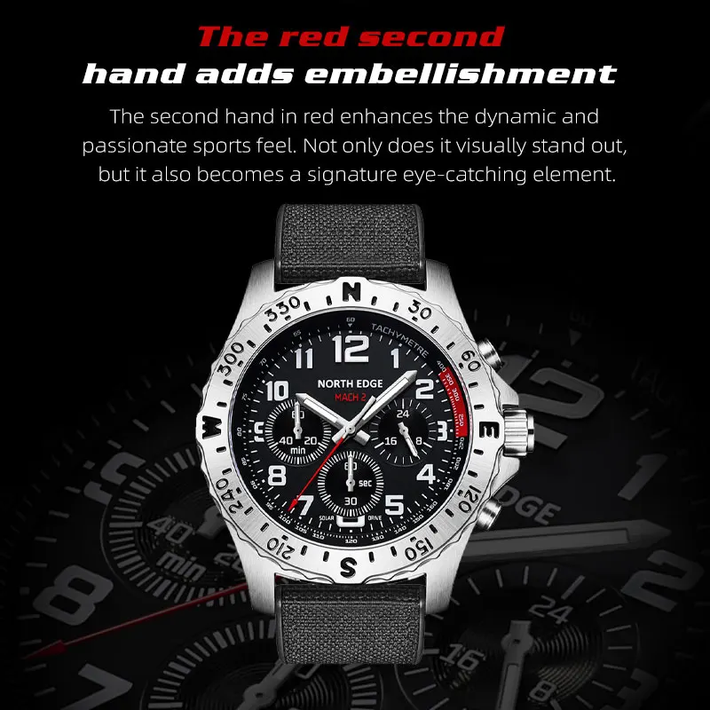 Reloj NORTH EDGE 2025 MACH 2 para Hombre, Energía Solar, Caja de Acero Inoxidable 316, Reloj de Cuarzo, Piloto, Resistente al Agua 50M, Cronómetro