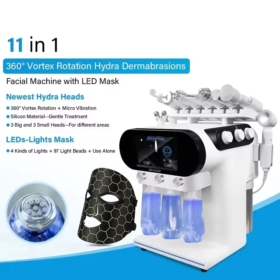 Nueva Tecnología, Máquina Facial Hydra Beauty 11 en 1 con Mango de Succión y Rotación Vortex 360, Portátil, Eliminación de Puntos Negros