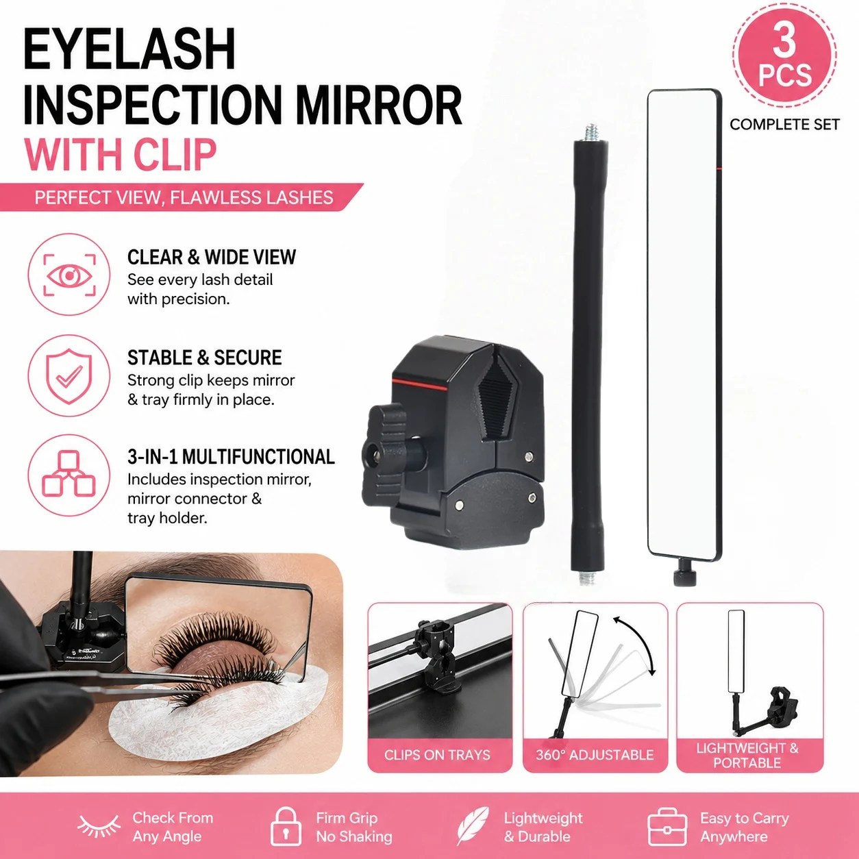 Espejo Profesional para Extensiones de Pestañas (3 Piezas), Herramienta de Verificación HD, Observación de Injertos, Anti-deformación, Suministros para Artistas de Pestañas y Salones