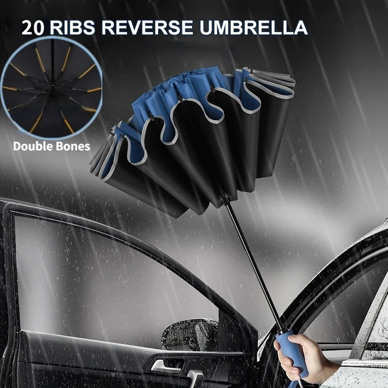 Paraguas plegable inverso completamente automático para hombres y mujeres con paraguas UV con raya reflectante a prueba de viento
