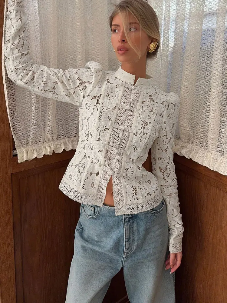 Tossy-camisas con estampado de encaje para mujer, Tops calados a la moda para ir al trabajo, blusa transparente Vintage, camisas de encogimiento de hombros de encaje para mujer, novedad
