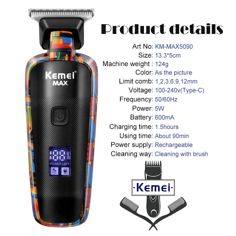 Cortadora de pelo Kemei-5090 con pantalla Digital, empujador de peluquero profesional para hombres, cortadora de pelo eléctrica con patrón de grafiti aleatorio