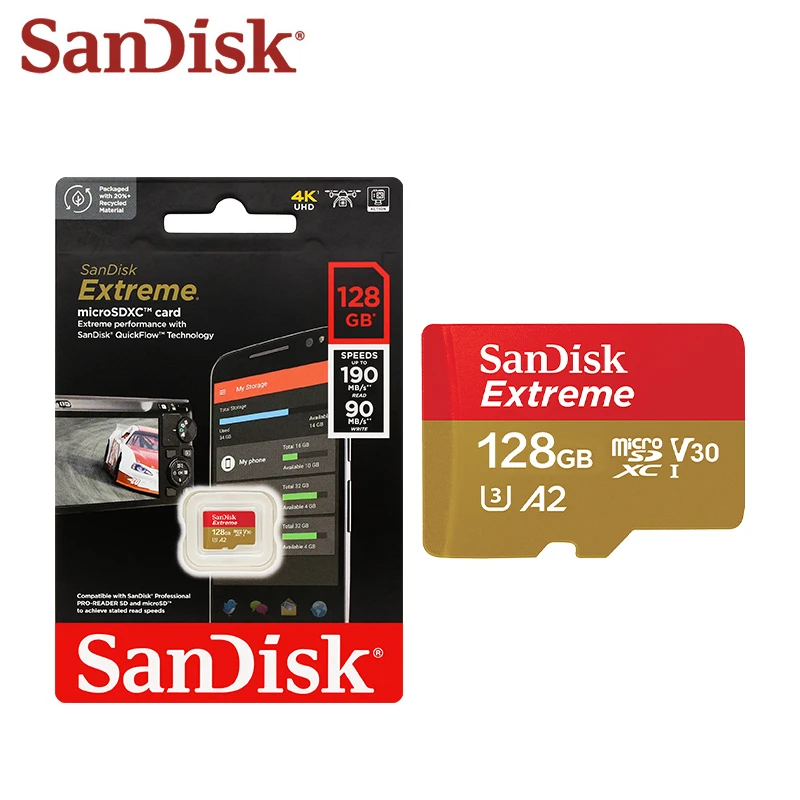 SanDisk-tarjeta Micro SD V30, 32GB, 64GB, TF Clase 10, 128GB, tarjeta de memoria extrema para cámara Drone 100% Original hasta 190 Mb/s