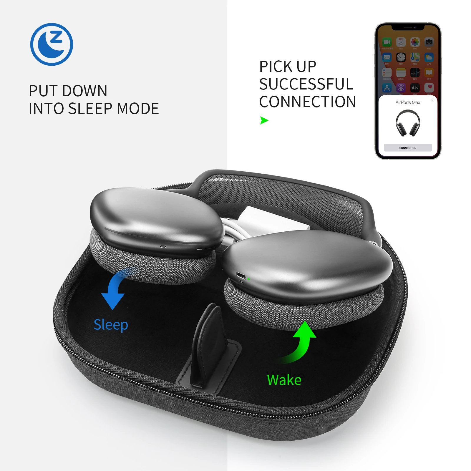 YINKE-funda inteligente para Apple AirPods Max con modo de suspensión, práctica, de transporte, organizador duro de viaje, funda de almacenamiento