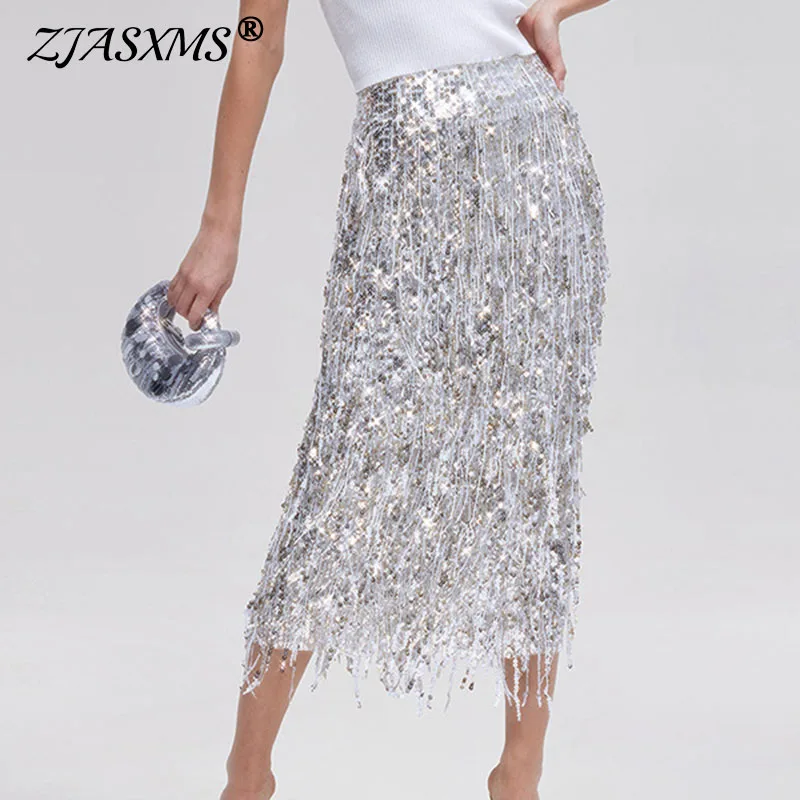 Faldas de noche brillantes con lentejuelas brillantes y purpurina, falda elegante de cintura alta con borlas divididas, falda Sexy de verano para mujer 2026