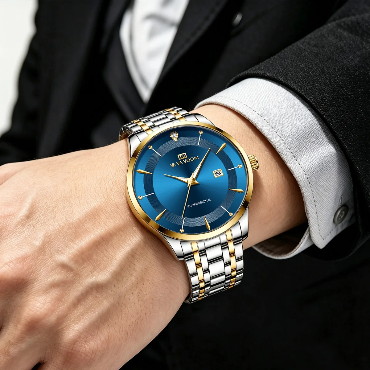 Reloj para hombre con caja de 43mm, estilo de acero inoxidable, diamantes de imitación de lujo, resistente al agua hasta 3bar, movimiento de cuarzo, relojes de negocios, relojes masculinos