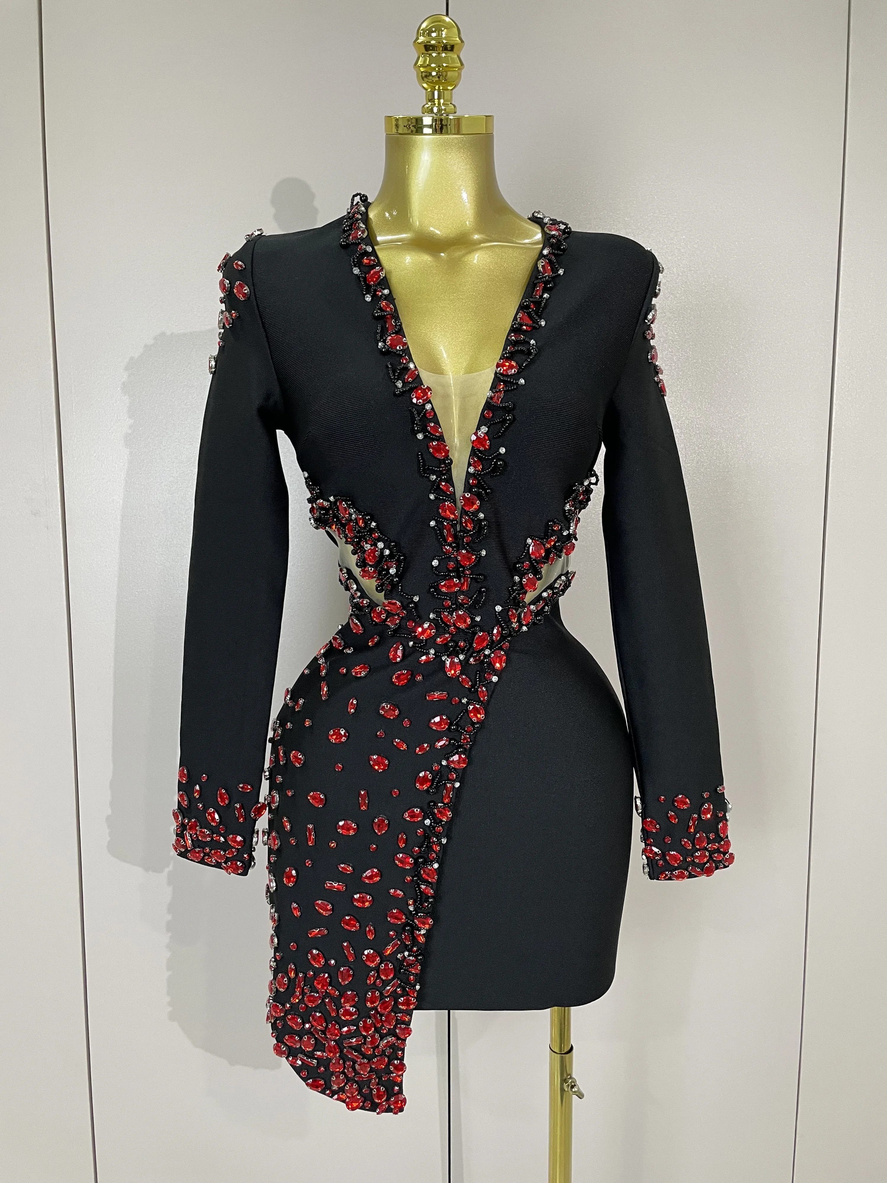 Vestido Bandage negro con diamantes de imitación y cuello en V de manga larga para mujer, vestidos elegantes de lujo para fiesta de cumpleaños y Club nocturno 2025