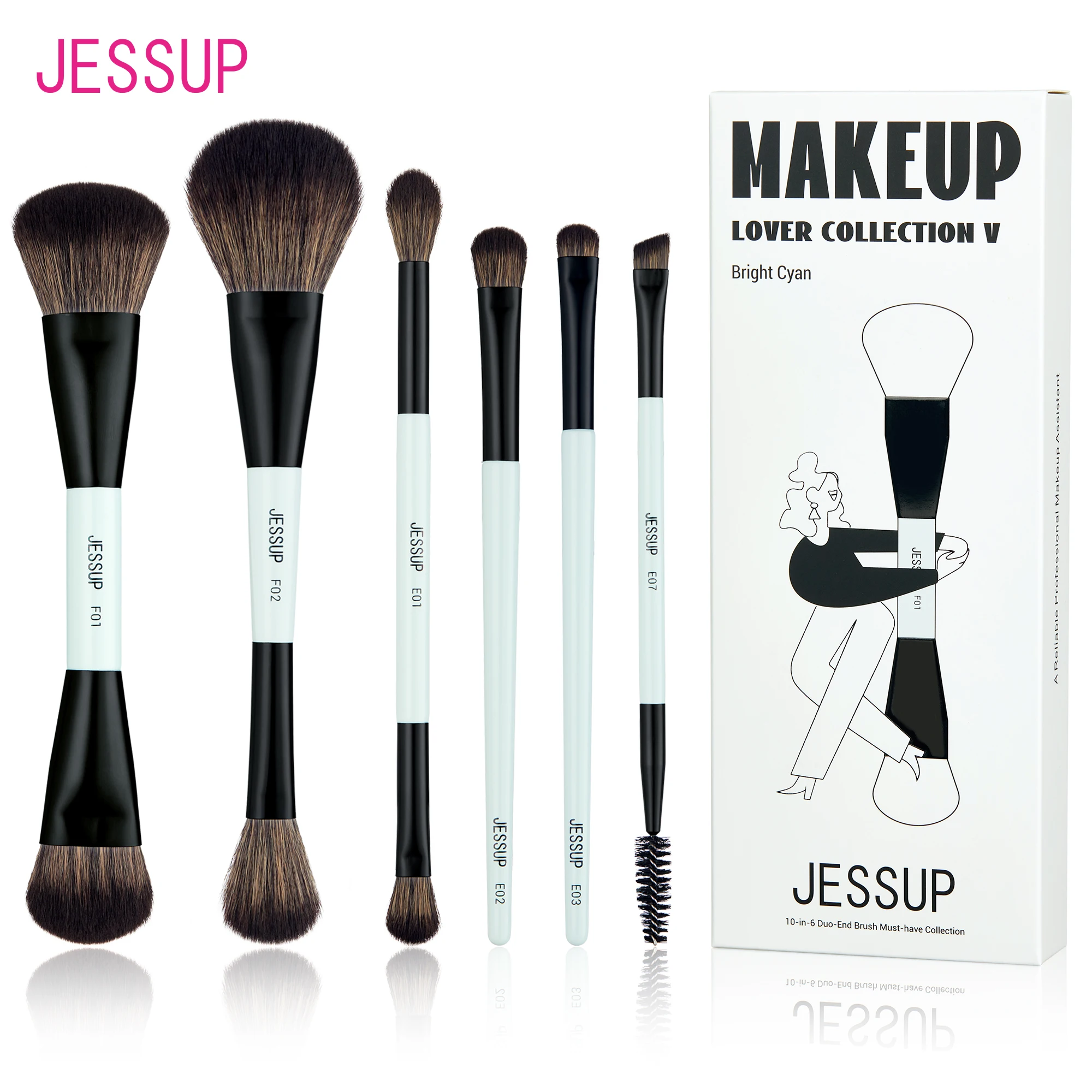 Jessup-Juego de brochas de maquillaje, brochas de maquillaje de doble cara, base, contorno, colorete, mezcla de sombra de cejas, fibra cian brillante T501