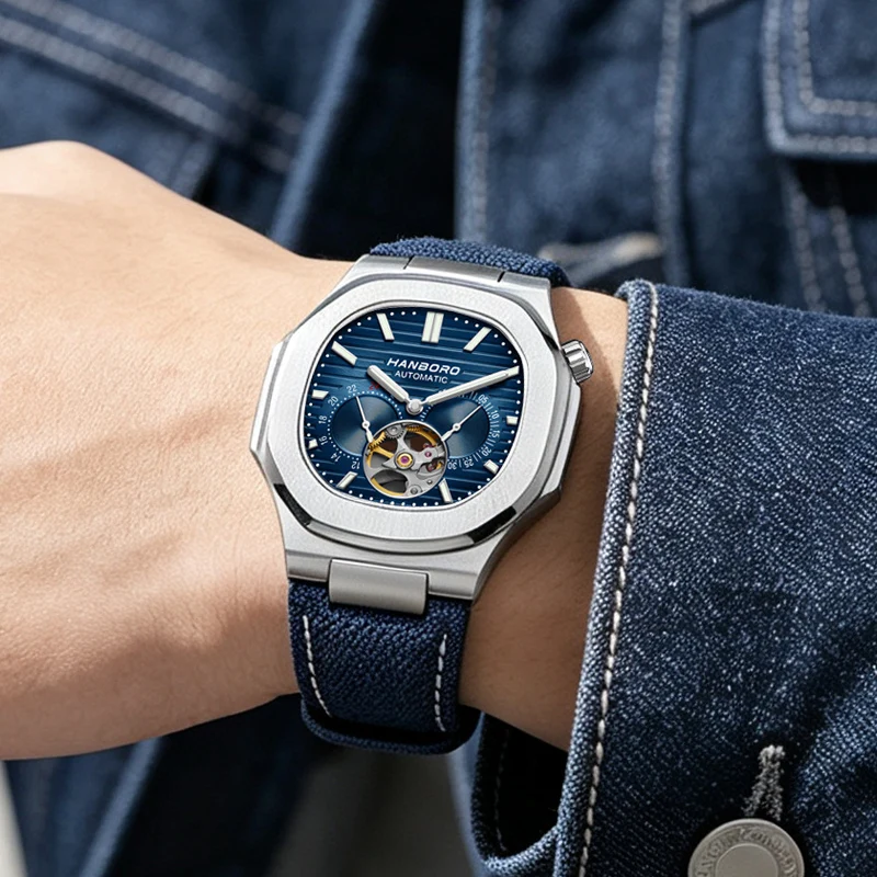 Reloj Mecánico HANBORO para Hombre, Diseño de Corona Creativa, Cuadrado, Color Oro Rosa, Correa de Lona, Movimiento Japonés Personalizado