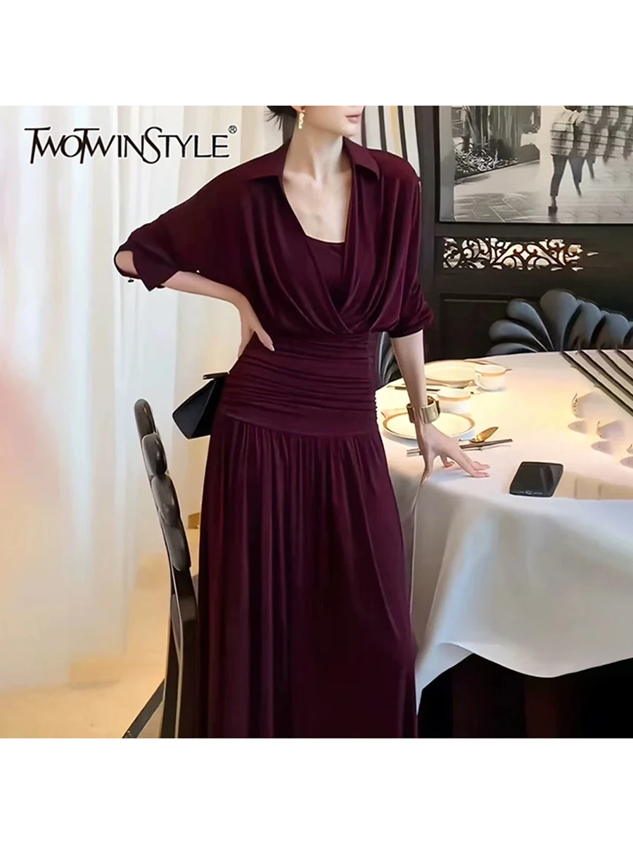 TWOTWINSTYLE, vestidos lisos con pliegues empalmados y sentido del diseño para mujer, Túnica de manga larga con solapa, vestido falso de dos piezas a la moda para mujer
