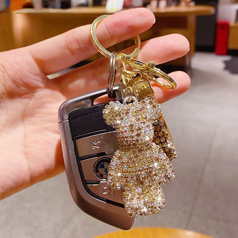 Lindo llavero de oso con borlas de diamantes de imitación, llavero de pareja, decoración para niña, colgante pequeño, llavero de coche, colgante para bolso de estudiante