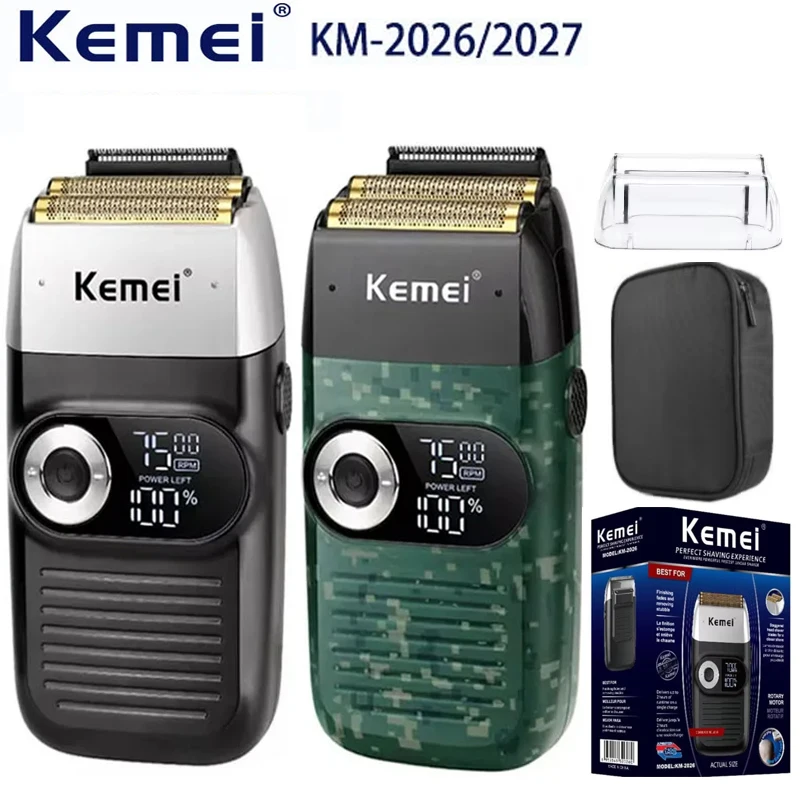 Kemei KM-2026 KM-2027 Afeitadora eléctrica recargable 2 en 1 Afeitadora alternante LCD para hombres Recortadora de barba con carga USB