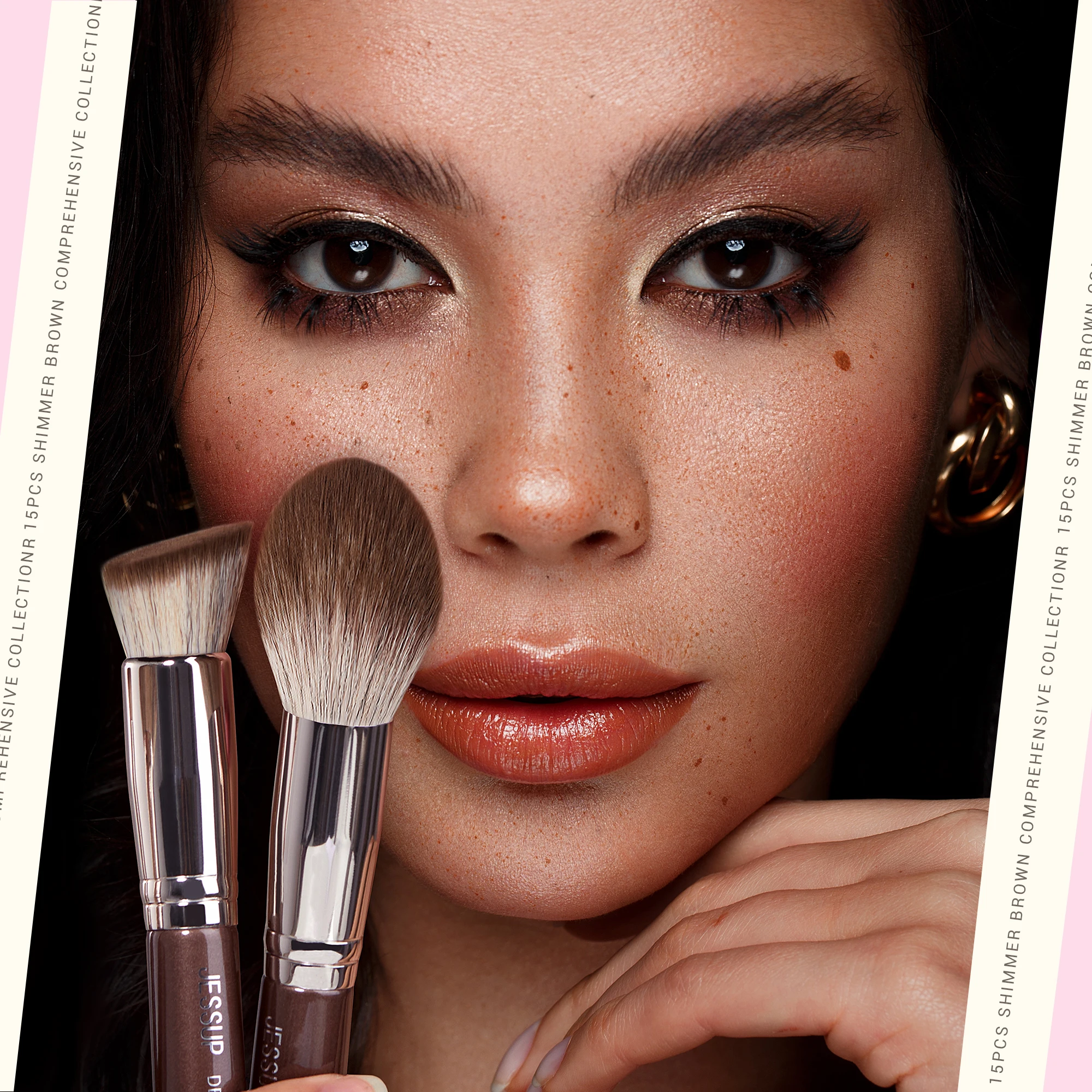 Jessup Juego de brochas de maquillaje, 15 Uds., brochas de maquillaje marrones, base vegana, licuadora, corrector, sombra de ojos, resaltador, T498