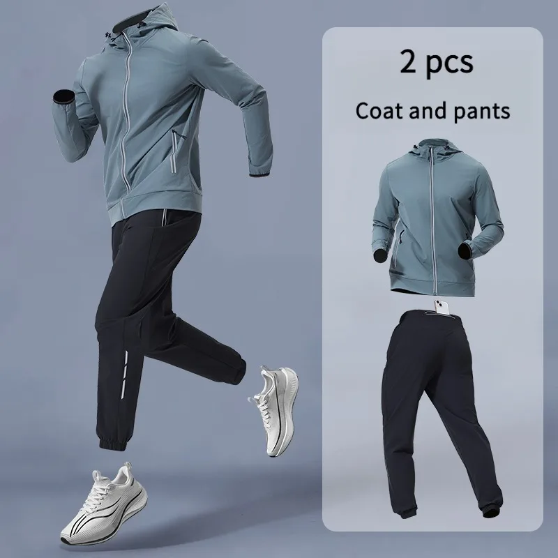 Conjunto de ropa deportiva para hombre con capucha, equipo de entrenamiento, chaqueta y pantalones transpirables, traje de Fitness para ropa de ejercicio cómoda