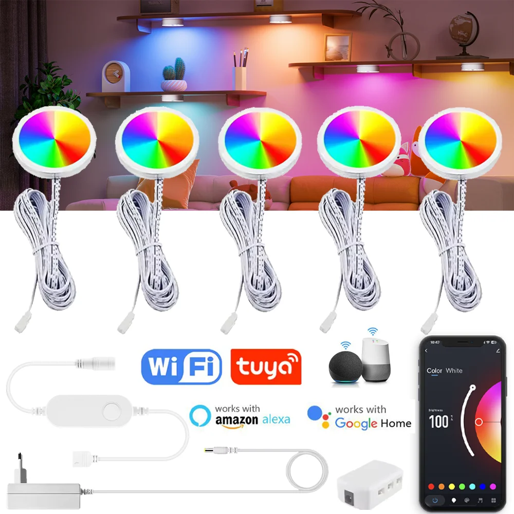 Tuya WIFI DC12V RGB Color debajo del gabinete luces regulable Puck luz Festival armario dormitorio cocina para Alice Alexa Google Home