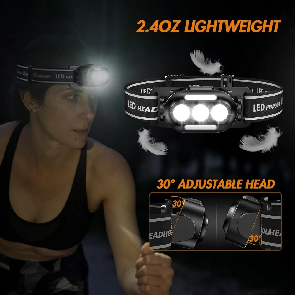 Linterna frontal Led recargable por Usb ultrabrillante con lámpara de cabeza blanca, roja y azul, resistente al agua IPX4
