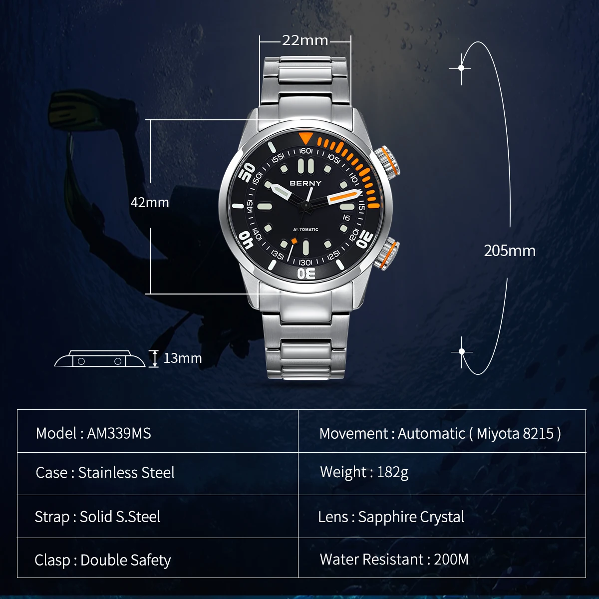 Reloj de buceo automático BERNY para hombre, reloj de pulsera superluminoso de 20 ATM, reloj mecánico deportivo de zafiro original para hombre