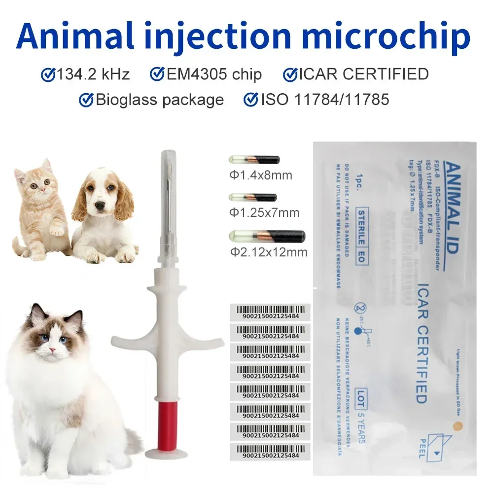 20 piezas Microchip para mascotas 134,2 KHz jeringa para animales EM4305 Chip de identificación ISO11784/11785 FDX-B Microchip de inyección de animales para perros y gatos